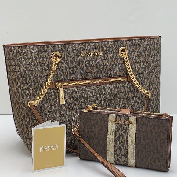 MICHAEL KORS Metallic Logo Chain Tote Bag & LARGE DOUBLE ZIP WRISTLET WALLET - Picture 10 of 16